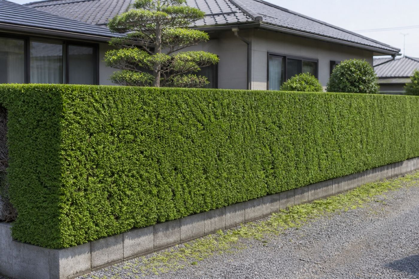 刈り込みを終えたばかりの生垣。天端の直線が通っている