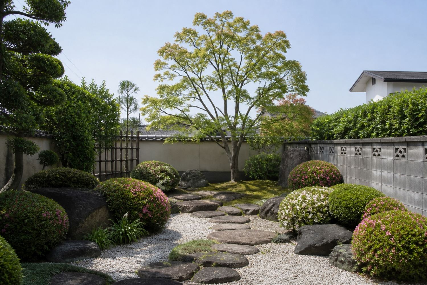 庭石と飛石、刈り込んだツツジのある和風庭園
